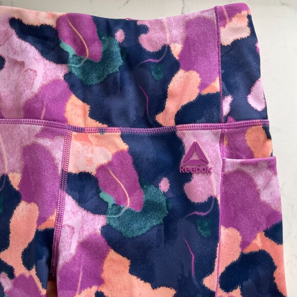 Reebok Fitted Hi Rise Poly Spandex Short Abstract Floral Print Purple Navy Sz S - Picture 2 of 11
